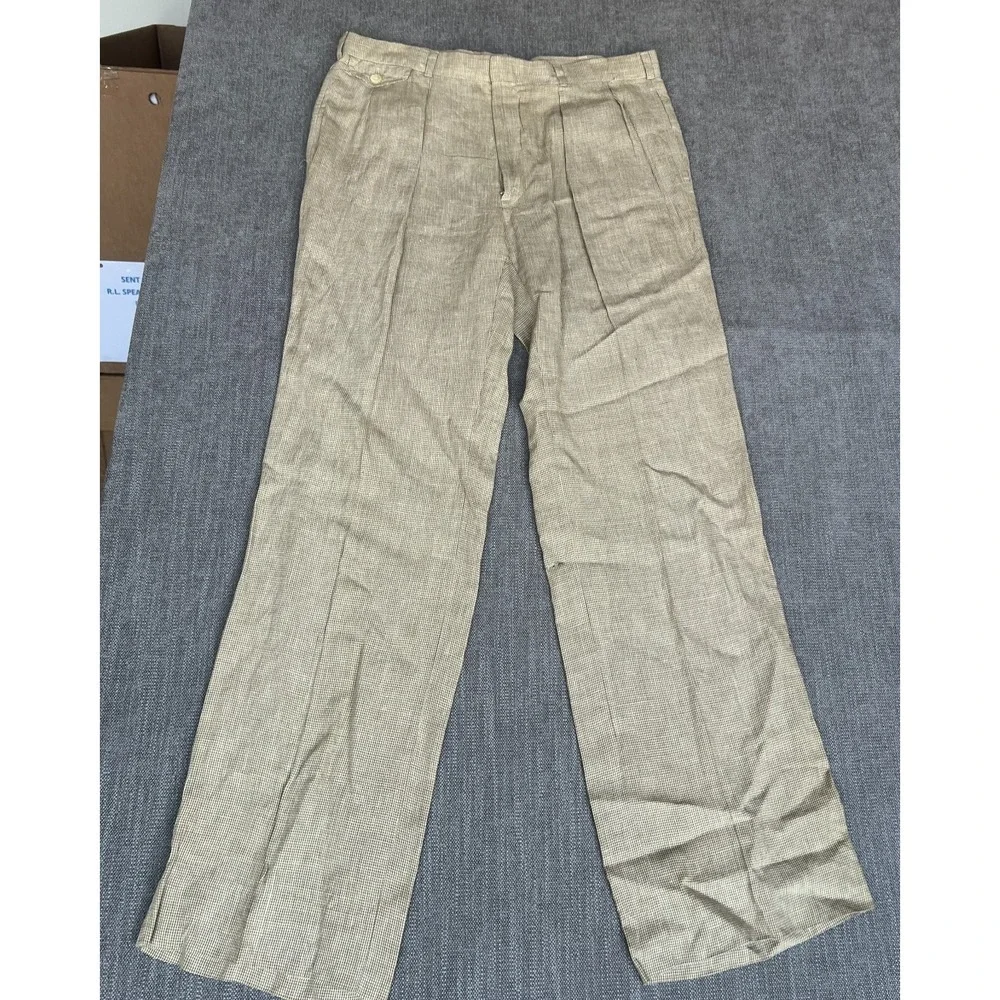 Polo Ralph Lauren Dress Pants Mens 36x36 Tan Houndstooth Pleated Straight Leg